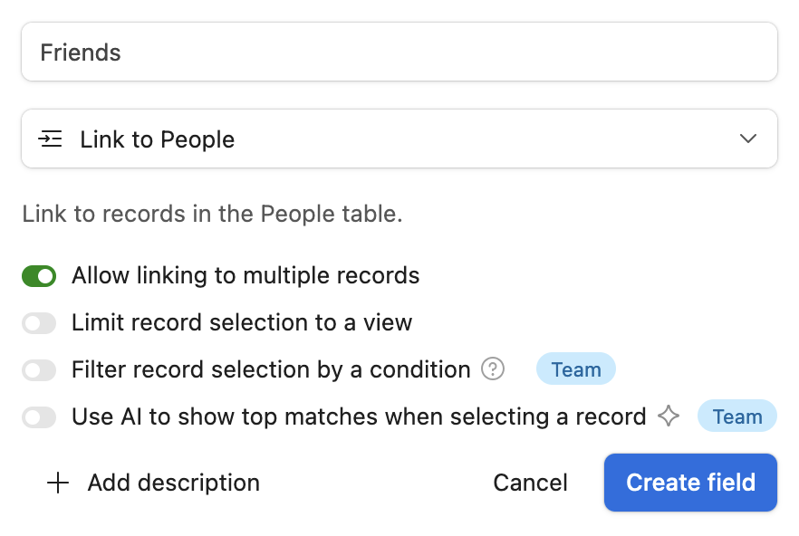 Configure a linked record field in Airtable